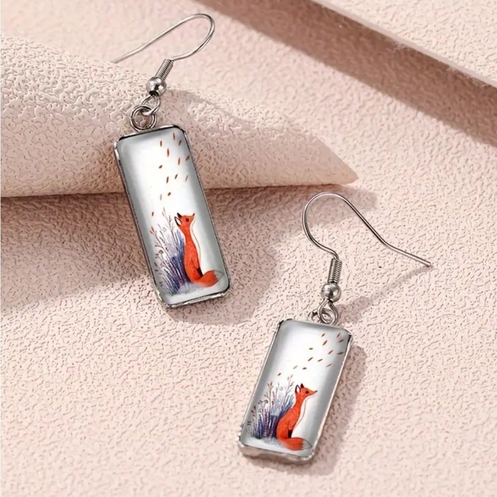 🦊 Spring Fox rectangle drop earrings dangle flower silver NEW - Picture 2 of 2